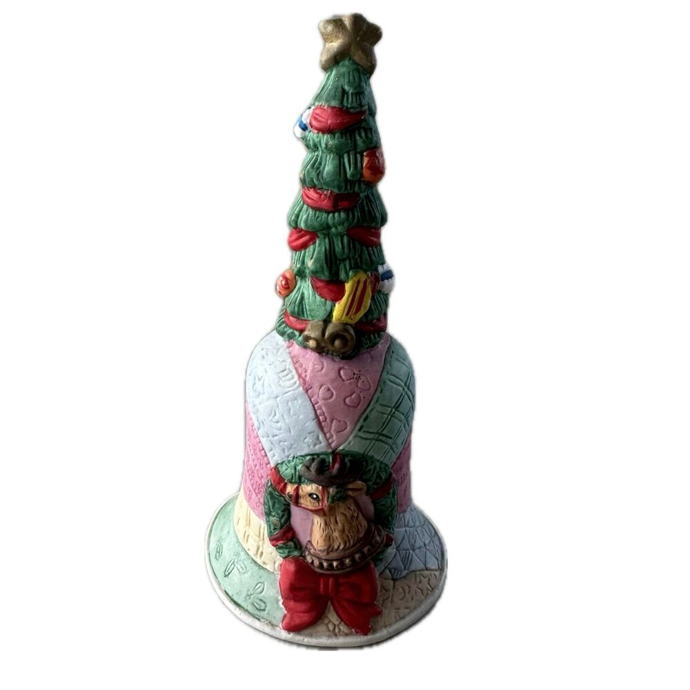 Vintage Hand Painted Ceramic Christmas Tree Holiday Wreath Reindeer Bell